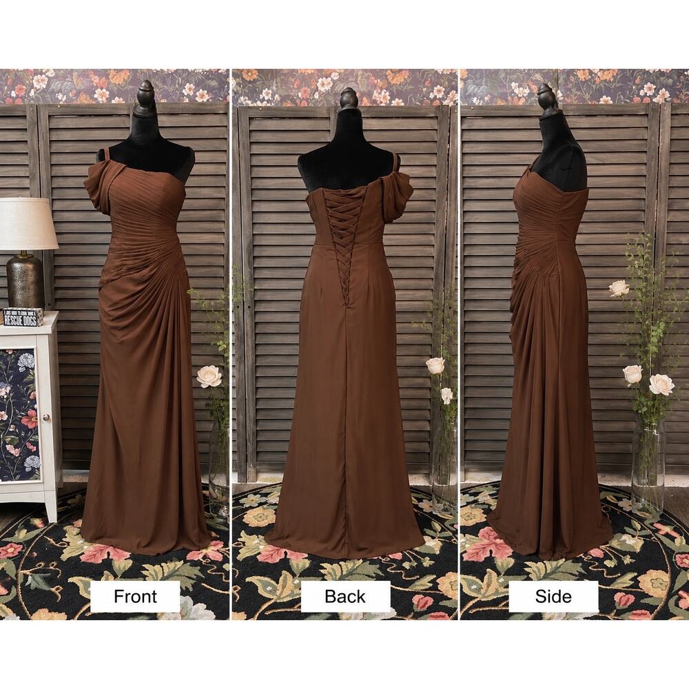 Elegant One Shoulder Corset Formal Gala Gown Size 4 Chocolate Brown RYANTH NWT - Picture 4 of 11